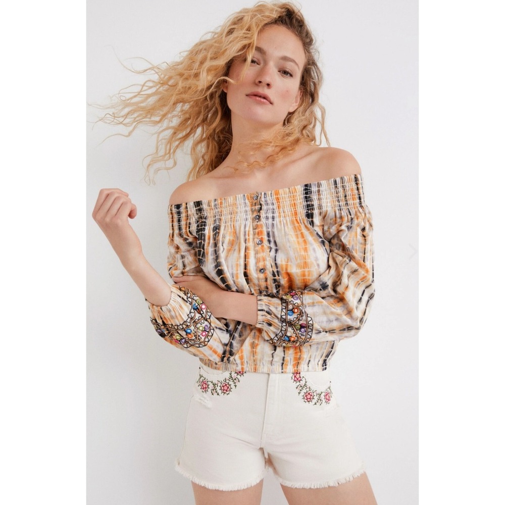 Desigual Ambar Boatneck Blouse Off Shoulder Smock Embroidered Boho‎ L $132